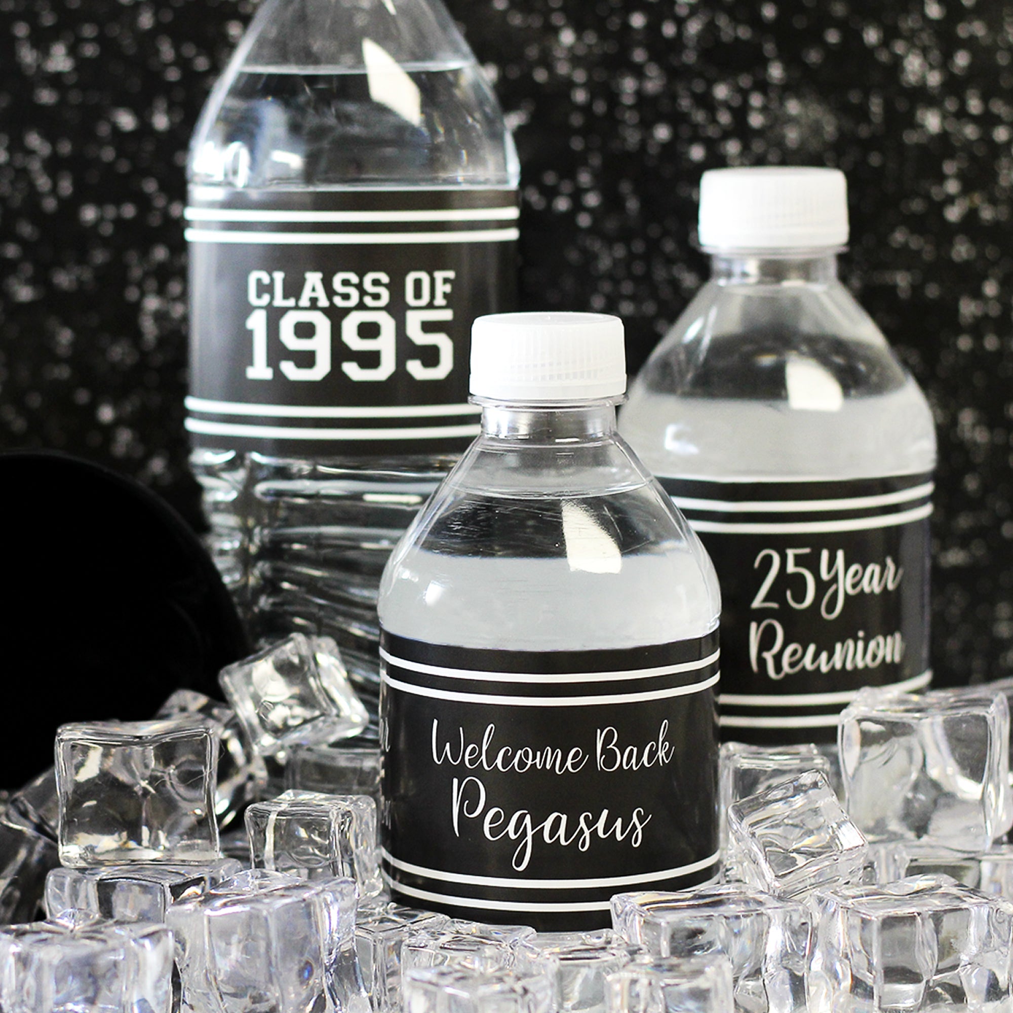 Black White Personalized Class Reunion Water Bottle Label Stickers
